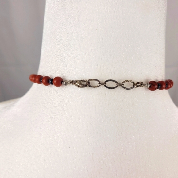 Hand-Made Beaded Chocker Necklace with Statement Stone Pendant (Rust) - Picture 4 of 4